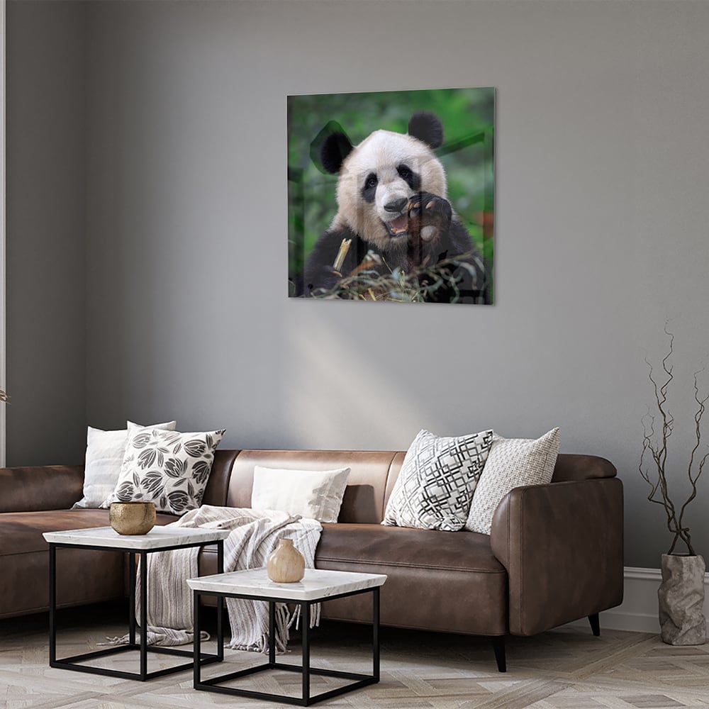 Glazen schilderij met een panda in een groene omgeving, perfect voor mooie interieurdecoratie.