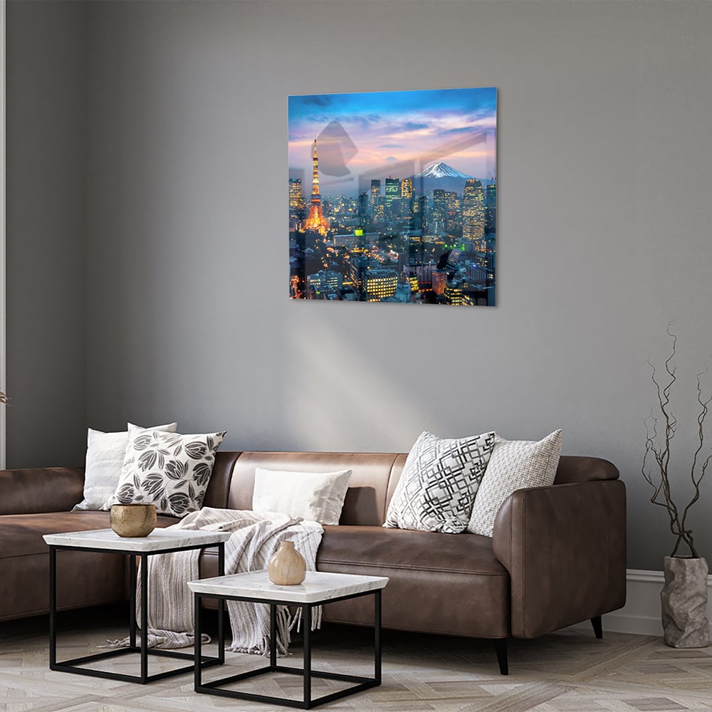 Glazen schilderij van Tokyo met de Tokyo Tower en Mount Fuji in de achtergrond