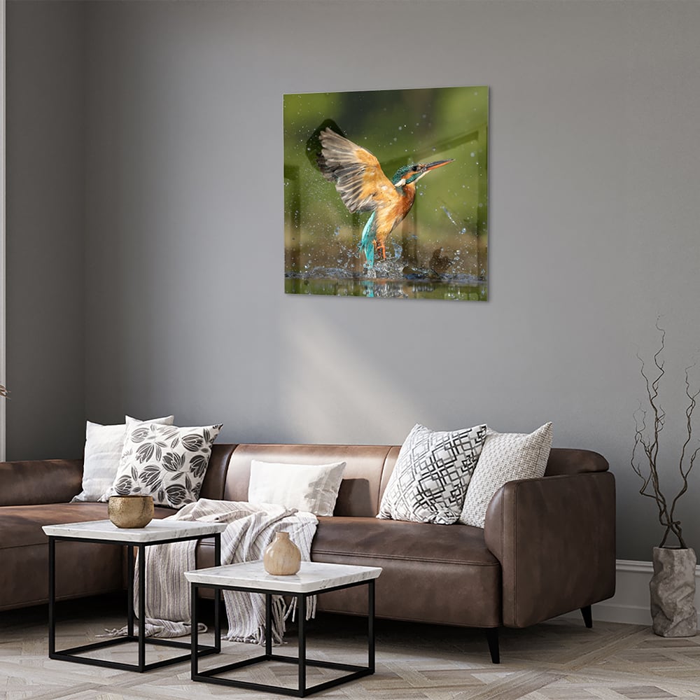 Glazen schilderij van een ijsvogel die in het water duikt