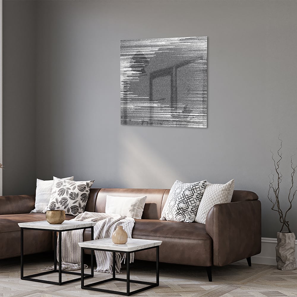 Abstract glazen schilderij in zwart-wit aan de muur met planten