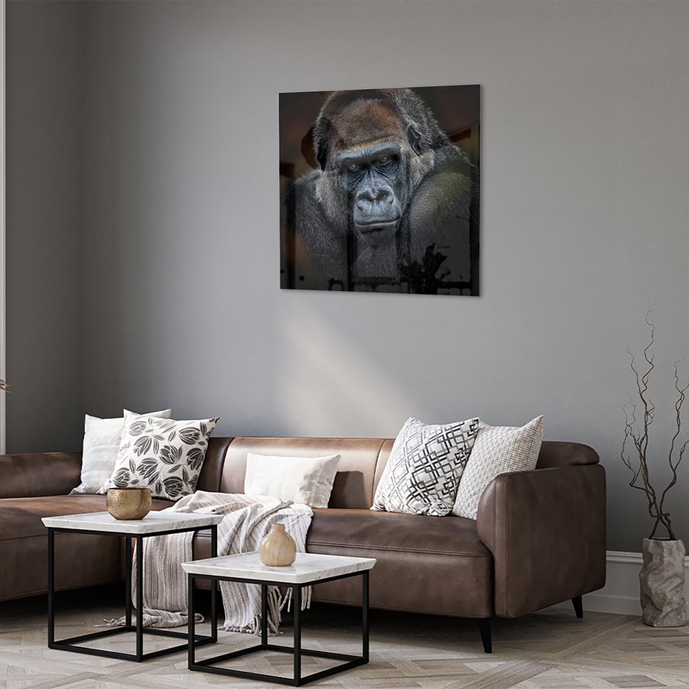 Glazen schilderij van een gorilla in een moderne woonkamer.