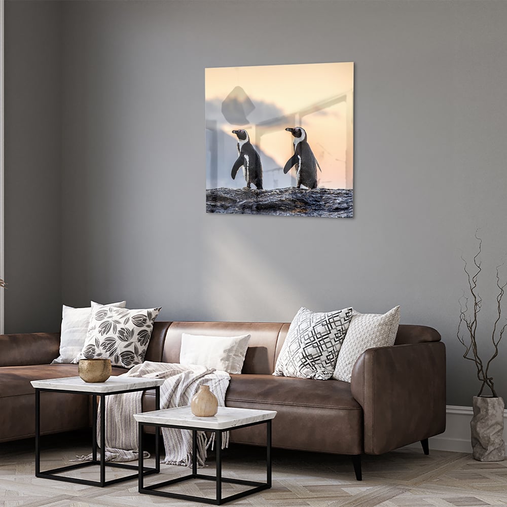 Glazen schilderij van pinguns aan zee met een zonsondergang op de achtergrond