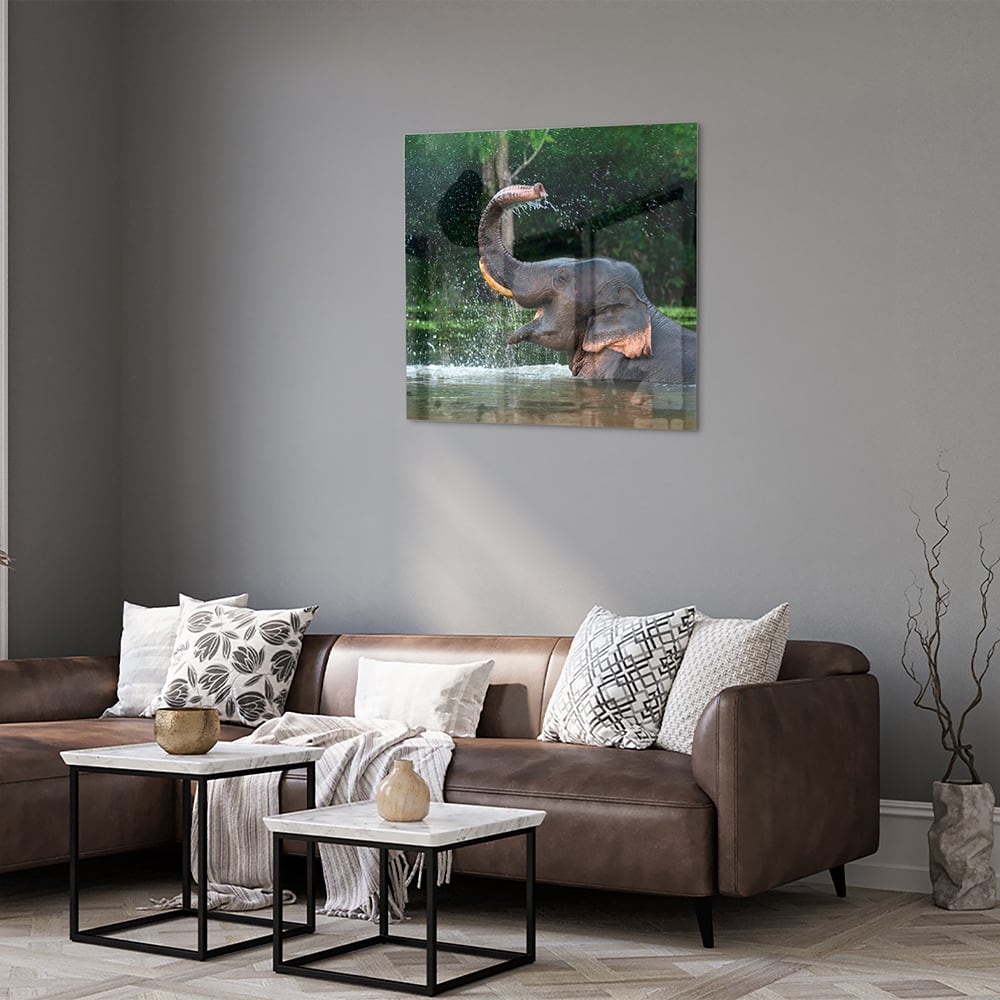 Glazen schilderij van een olifant die speelt in het water