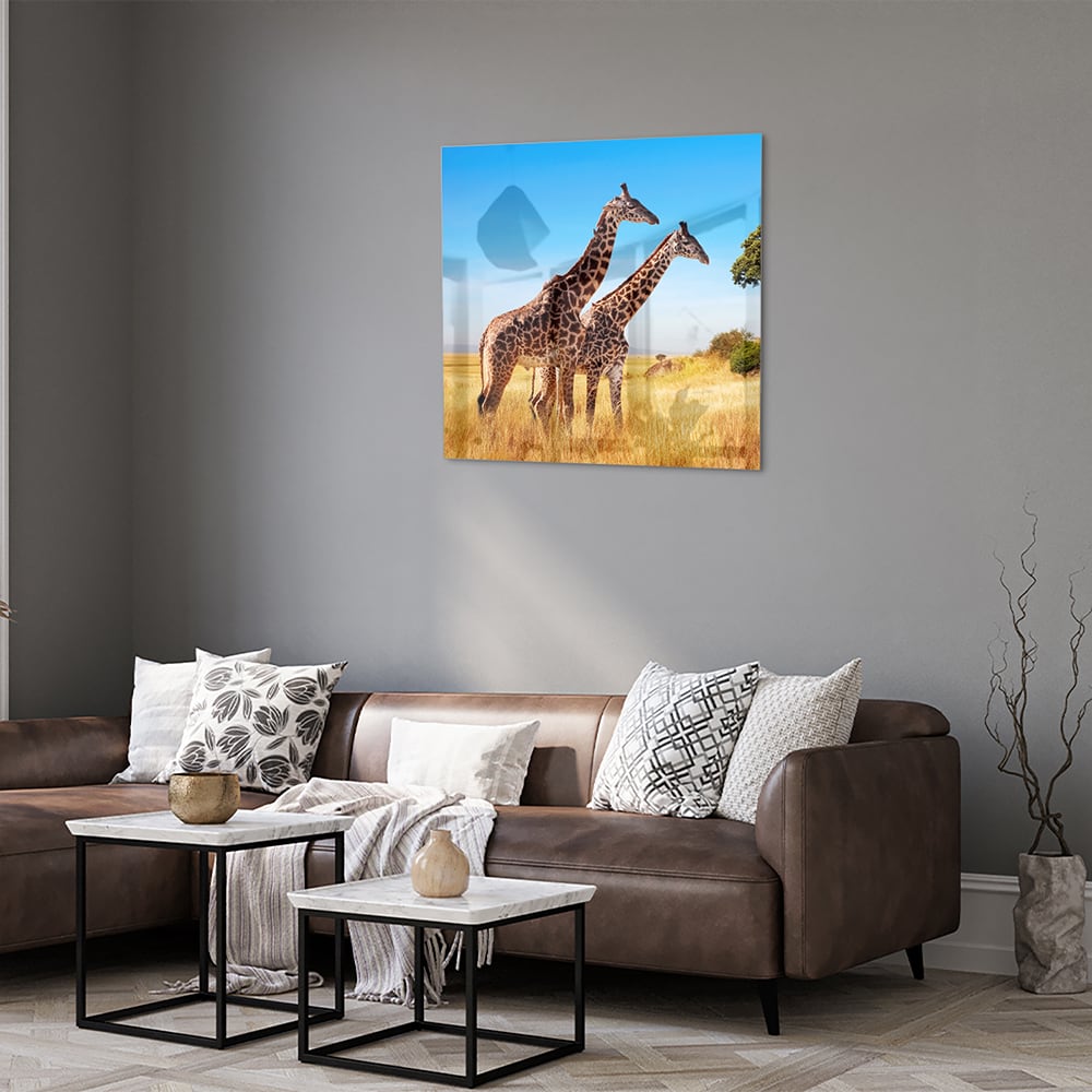 Glazen schilderij van twee giraffen in een Afrikaans landschap