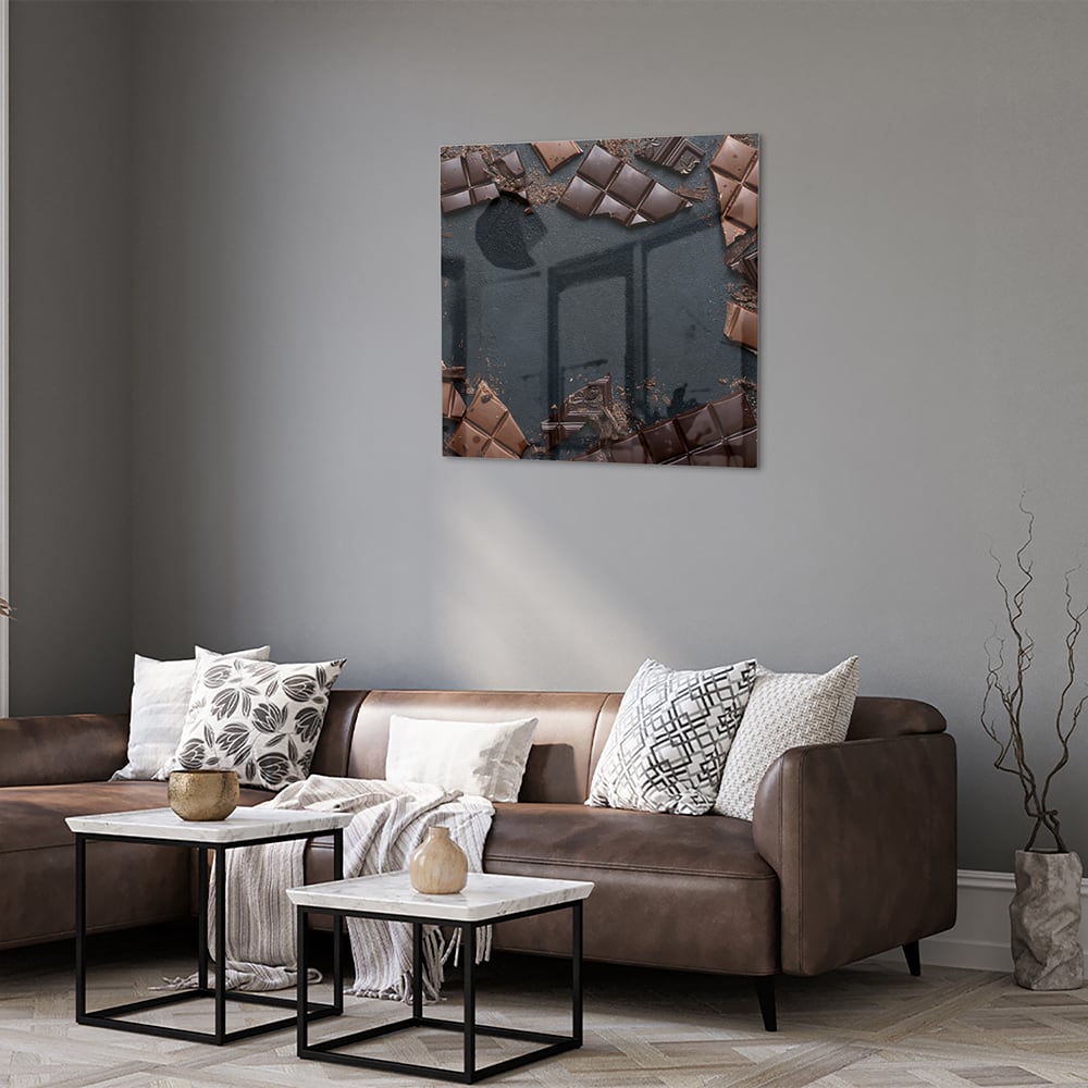 Glazen schilderij met chocolade in een moderne woonkamer