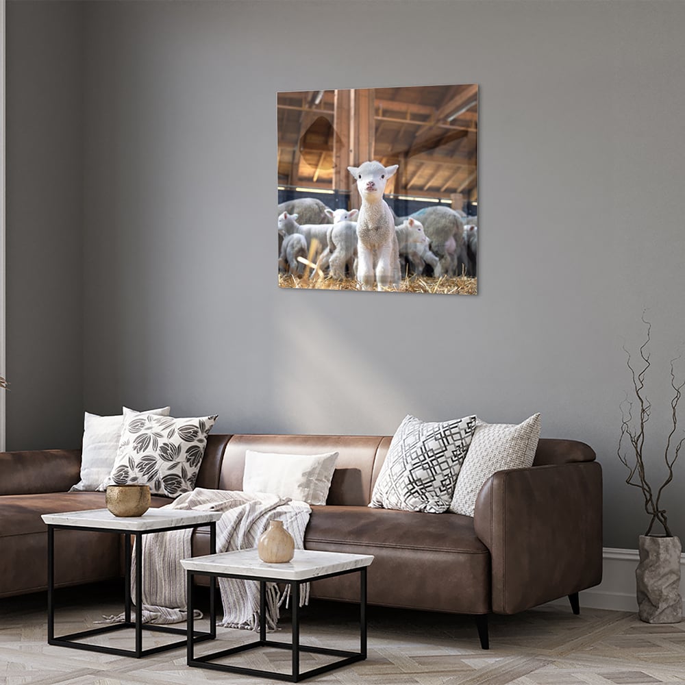 Glazen schilderij met lammetjes in een stal, perfect voor huisdecoratie.