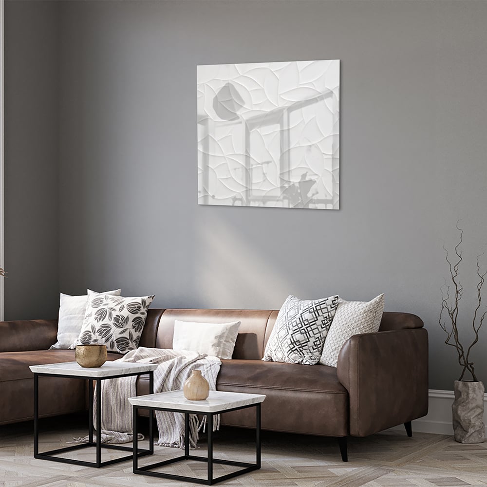 Glazen schilderij met textuur in wit, perfect voor moderne interieurs.