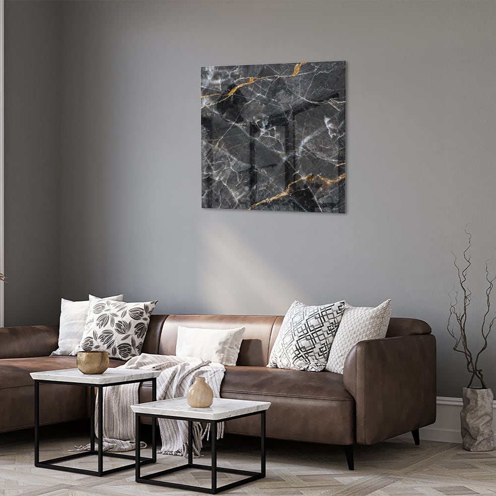 Elegant glazen schilderij met marmerpatroon in zwart en goud