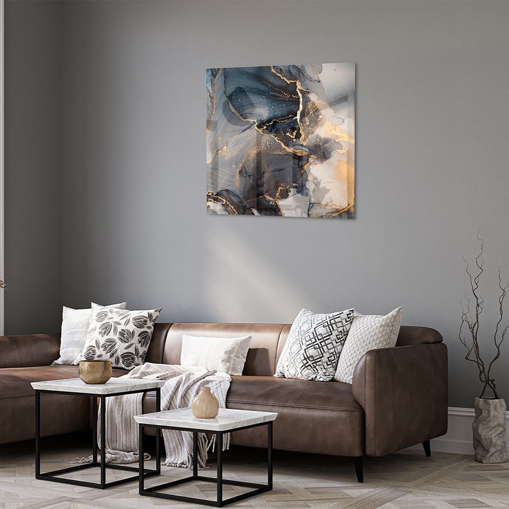 Elegant glazen schilderij met blauwe en gouden abstracte lagen