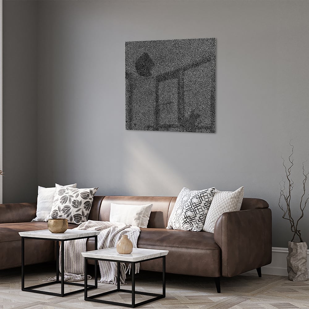 Abstract glazen schilderij in zwart-wit aan de muur