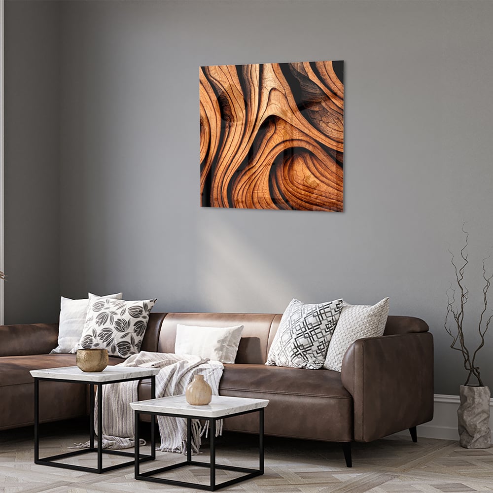 Glas schilderij met houtstrukturen in warme tinten, perfect voor wanddecoratie.