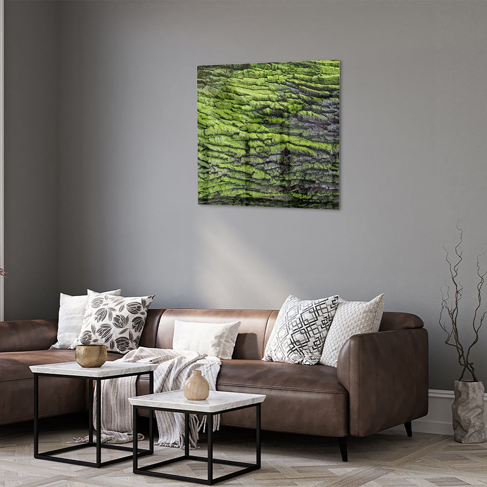 Glazen schilderij met groene mosachtige textuur aan een muur