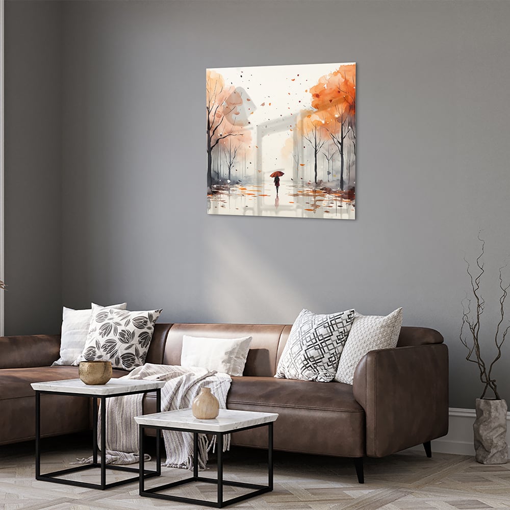 Glazen schilderij van een herfstlandschap met een wandelaar en kleurrijke bomen.