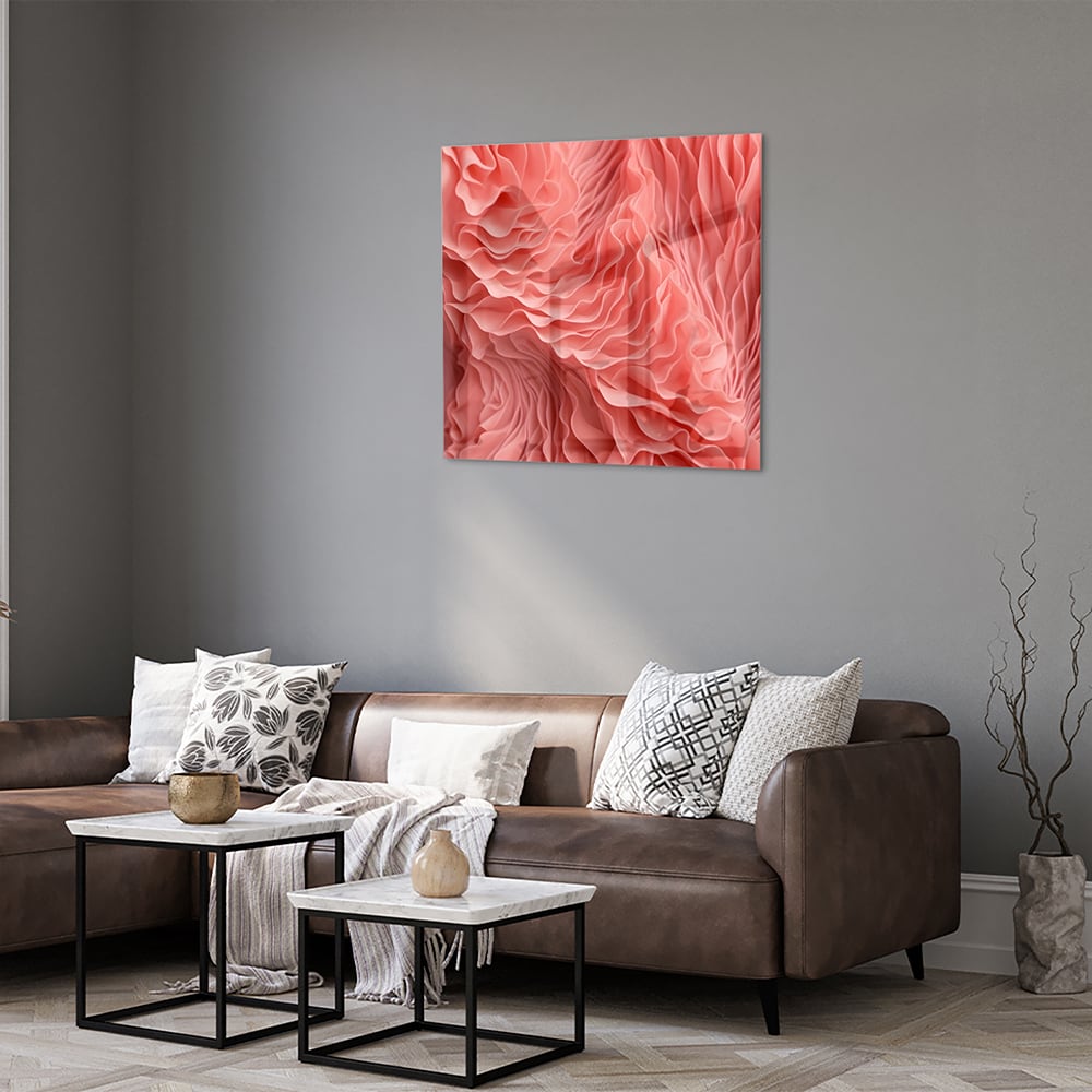 Abstract glazen schilderij in roze met golvende patronen, perfect voor wanddecoratie.
