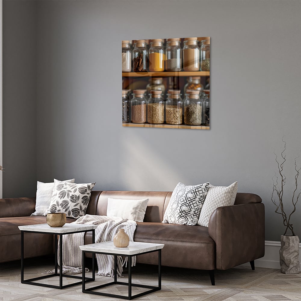 Glazen schilderij met een houten plank vol Mason jars gevuld met specerijen.