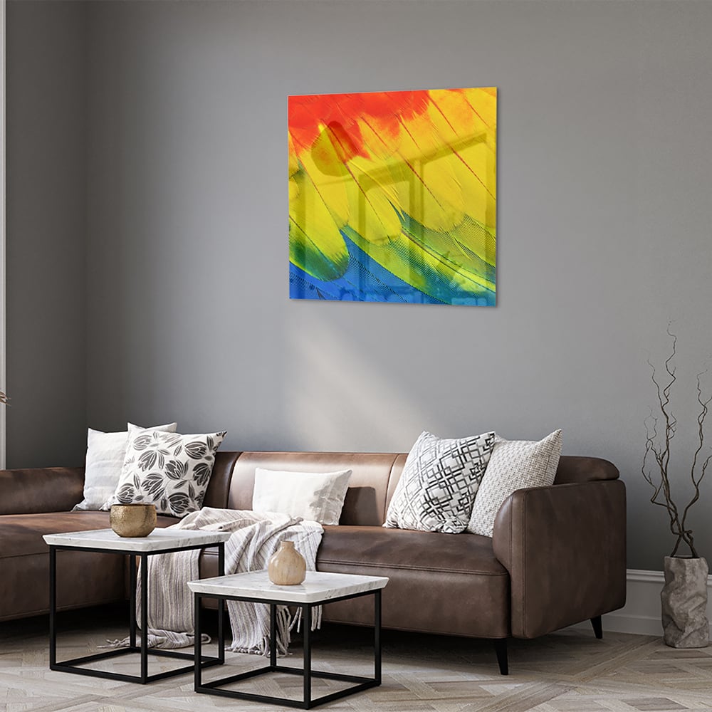Abstract glazen schilderij met kleurrijke golven in rood, geel en blauw