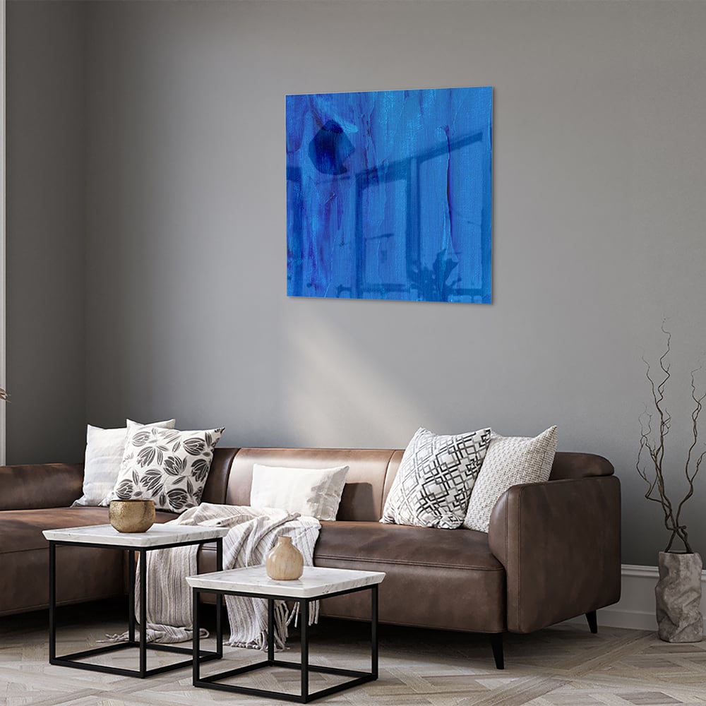 Abstract glazen schilderij in blauw, perfect voor moderne inrichting