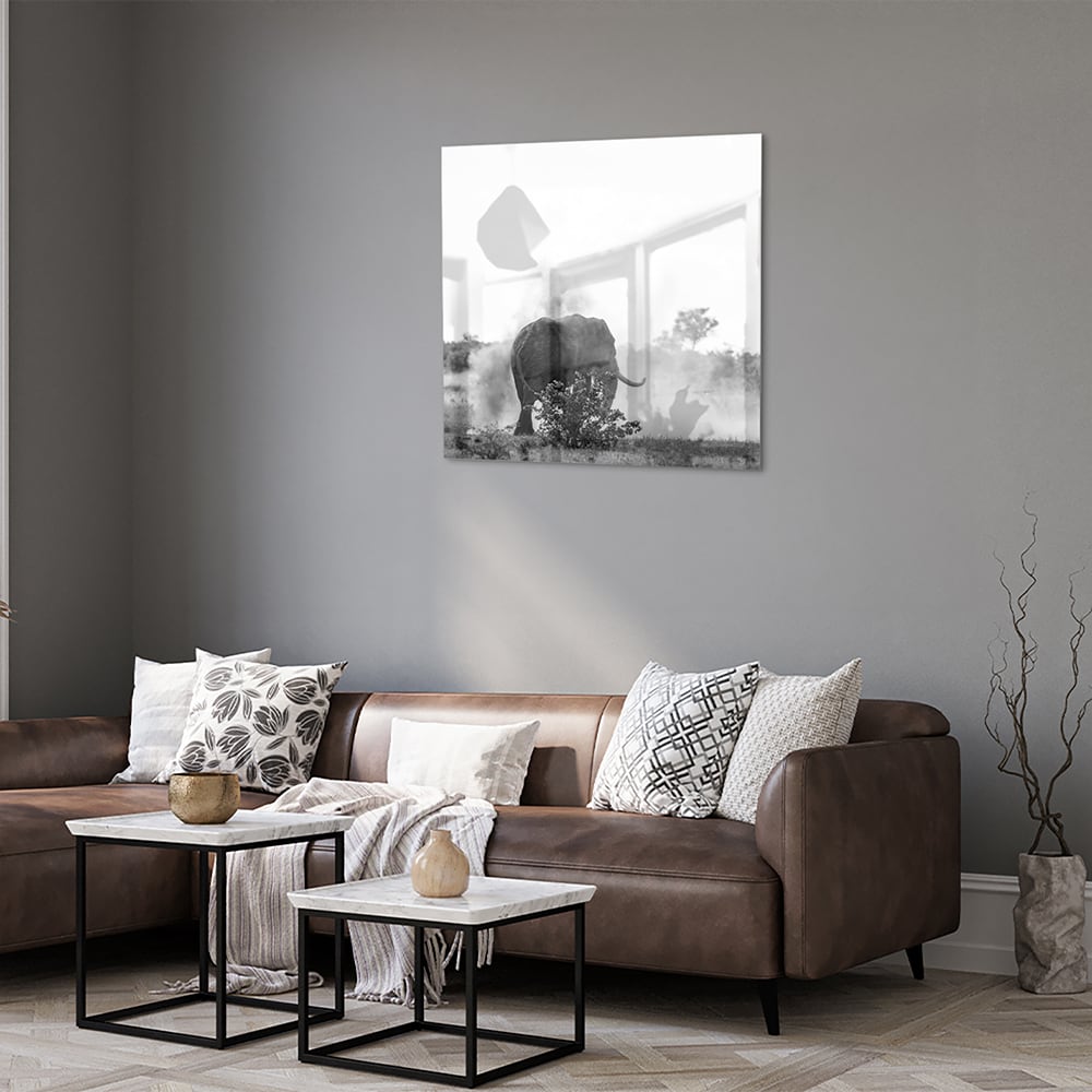 Zwart-wit glazen schilderij van een olifant aan de muur in een modern interieur.