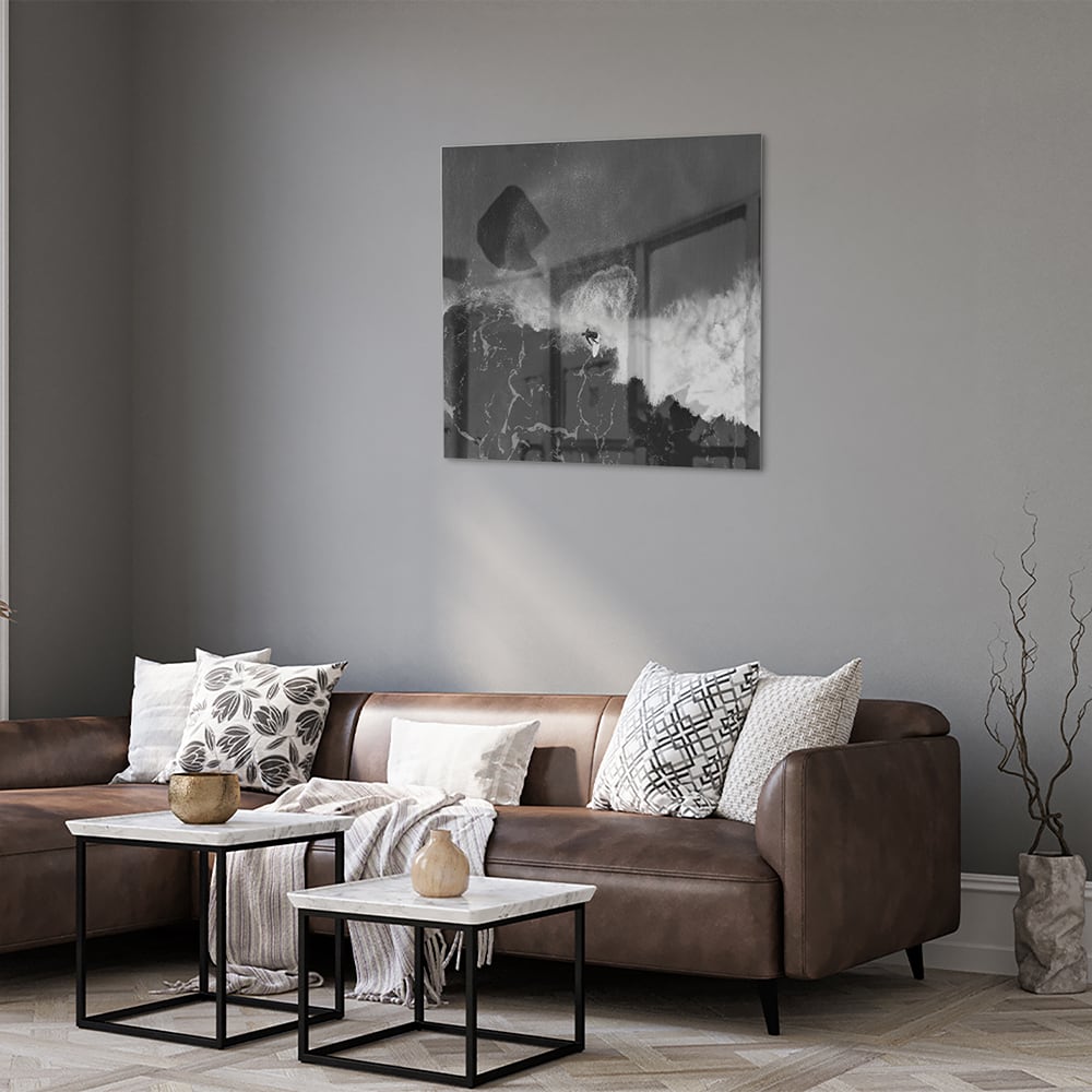 Abstract glazen schilderij in zwart-wit, perfect voor moderne interieurs.