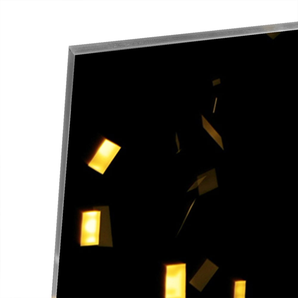 Zwart glazen schilderij met gouden confetti aan de muur in een stijlvolle woonkamer