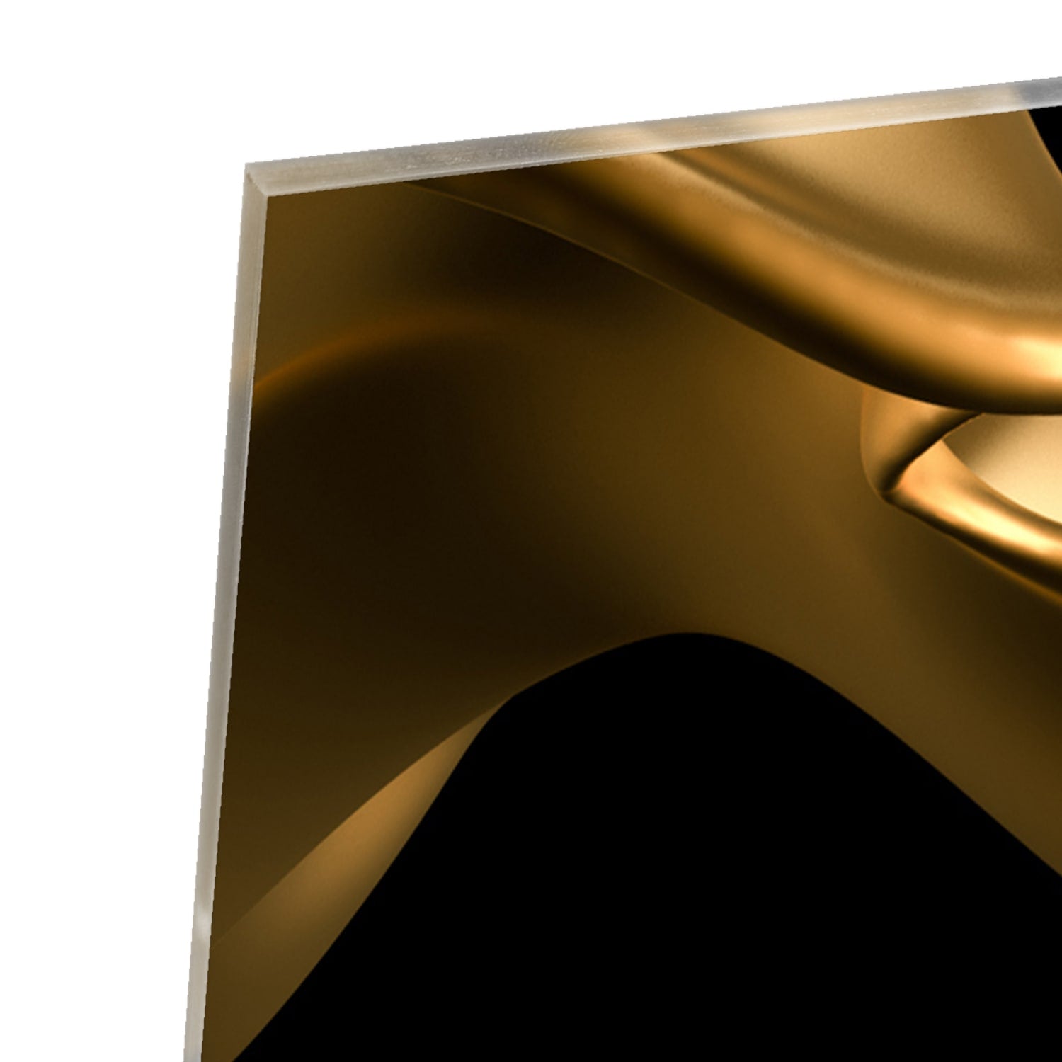 Gouden abstract glas schilderij met zwarte achtergrond, perfect voor moderne interieurs.