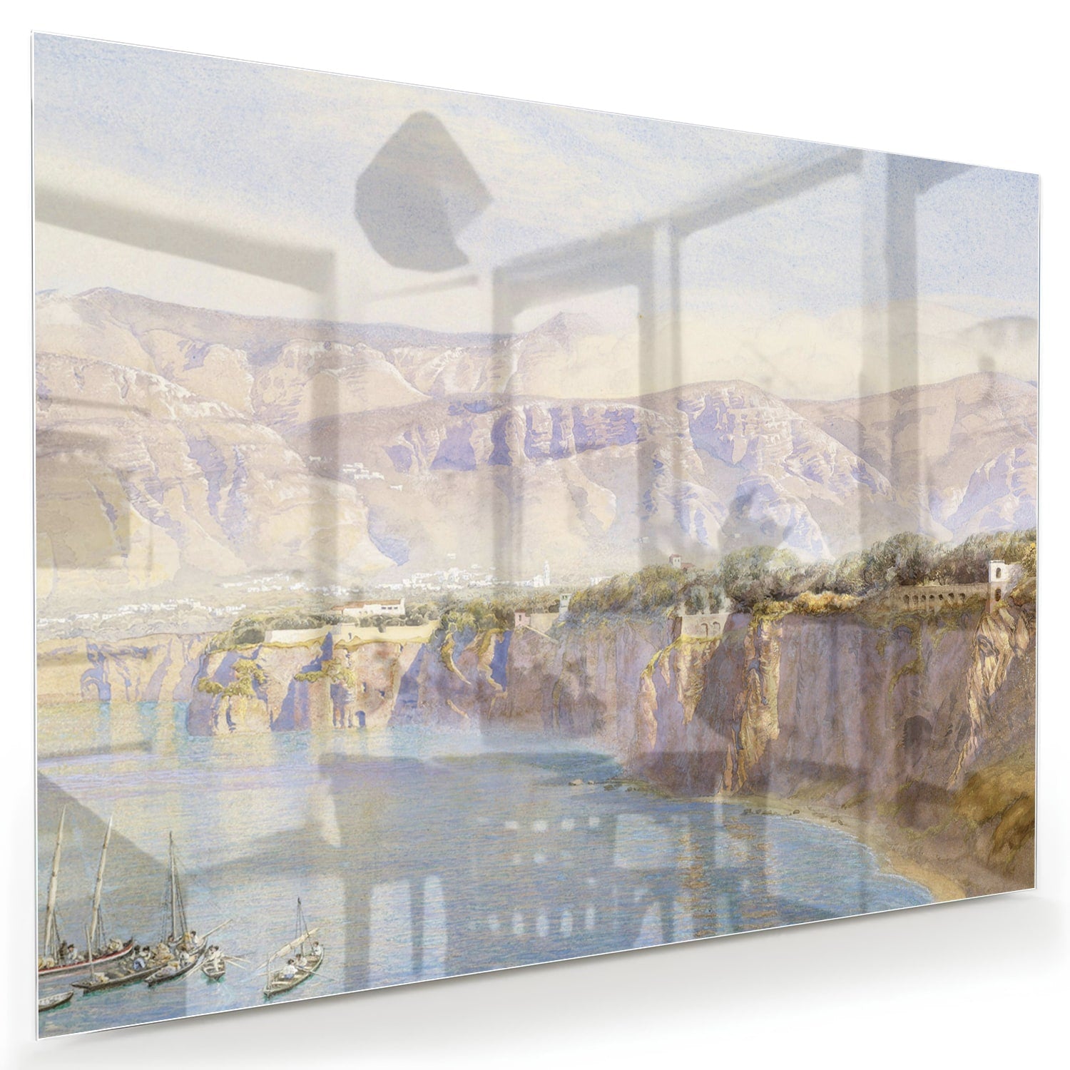 Glazen schilderij van een berglandschap met een rivier, hangend aan de muur.