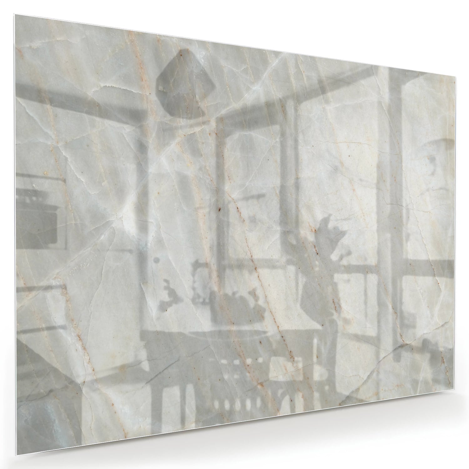 Glazen schilderij met abstracte marmeren figuren, perfect voor interieurdecoratie.