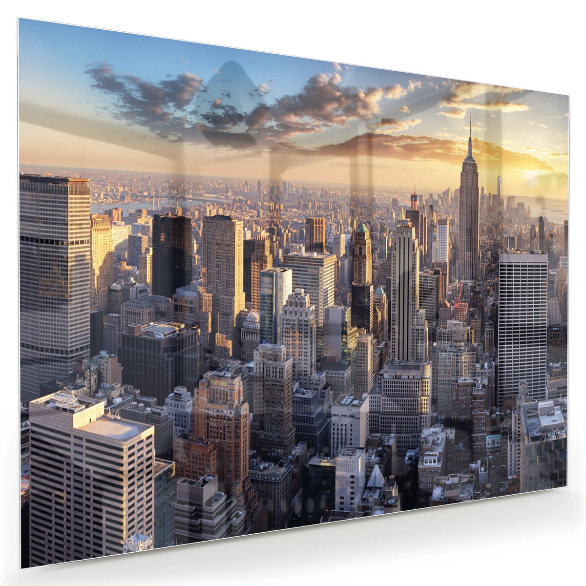 Glazen schilderij van de skyline van New York bij zonsondergang.