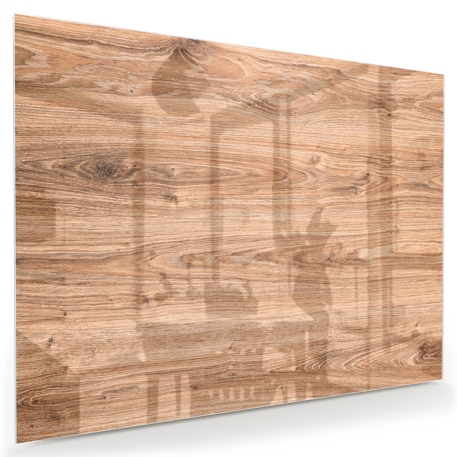 Glazen schilderij met een natuurlijke houtlook boven een moderne kast