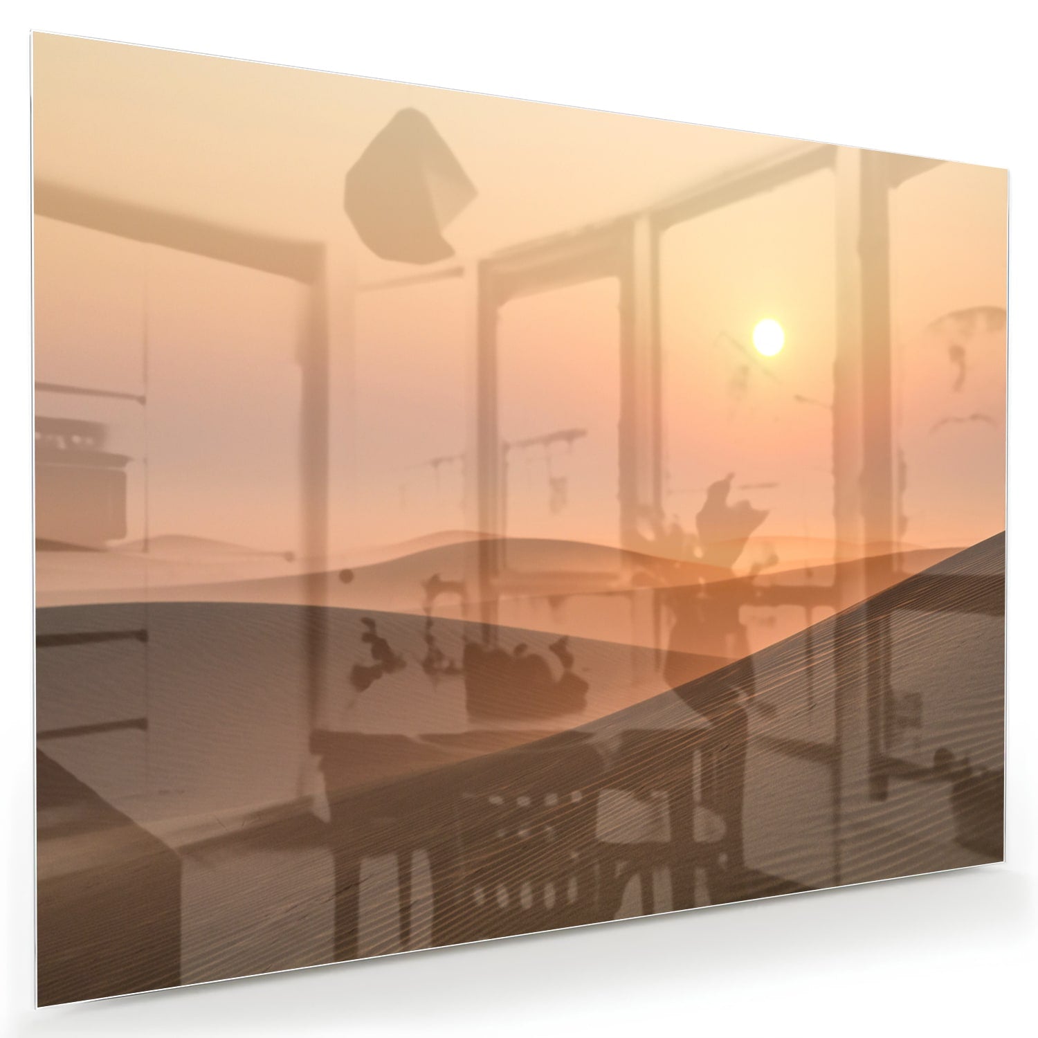 Glazen schilderij van een zonsondergang met warme kleuren in een modern interieur.