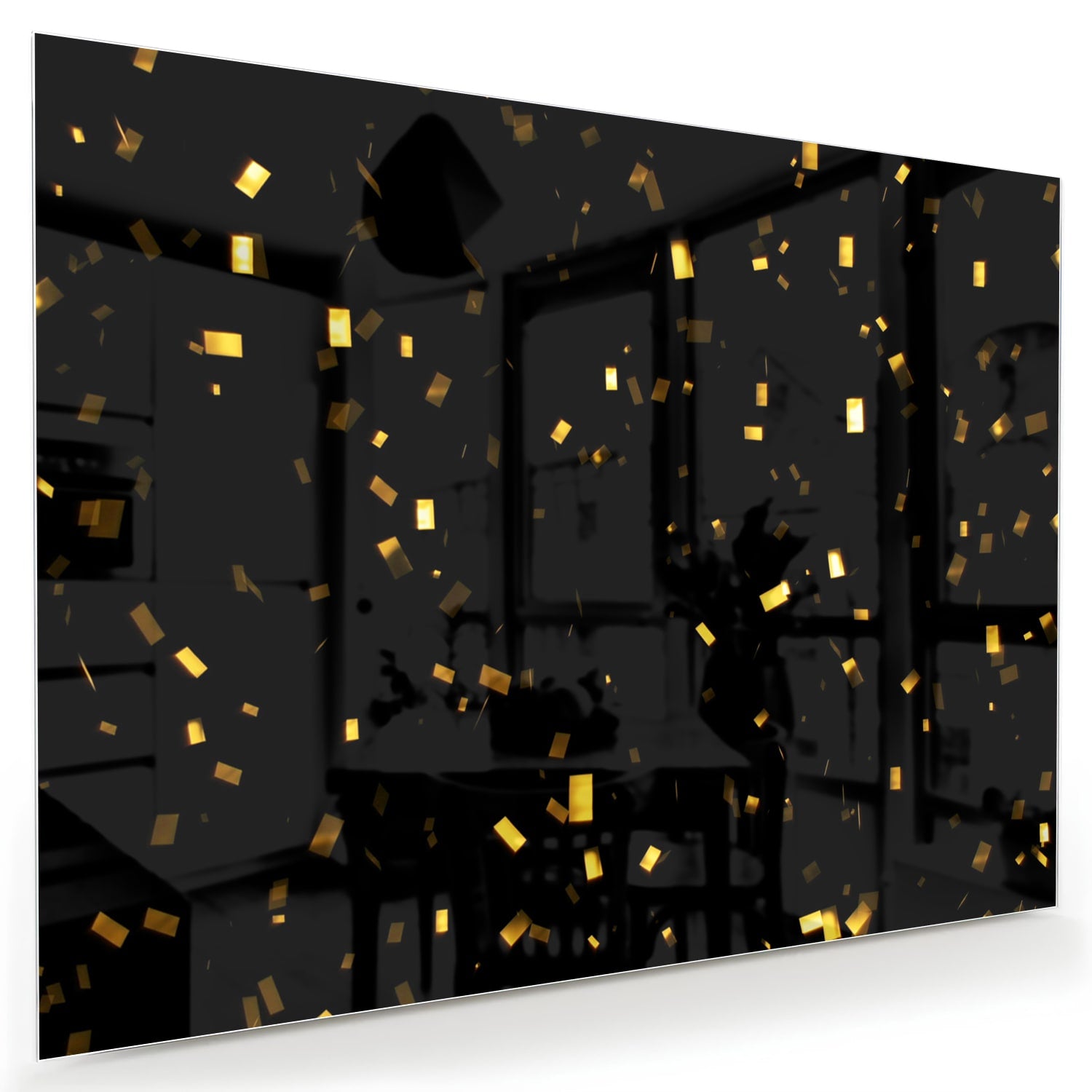 Zwart glazen schilderij met gouden confetti aan de muur in een stijlvolle woonkamer