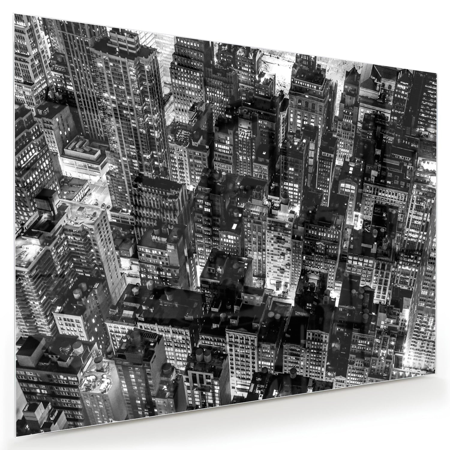 Zwart-wit glazen schilderij van een stad, prachtig decor voor modern interieur.