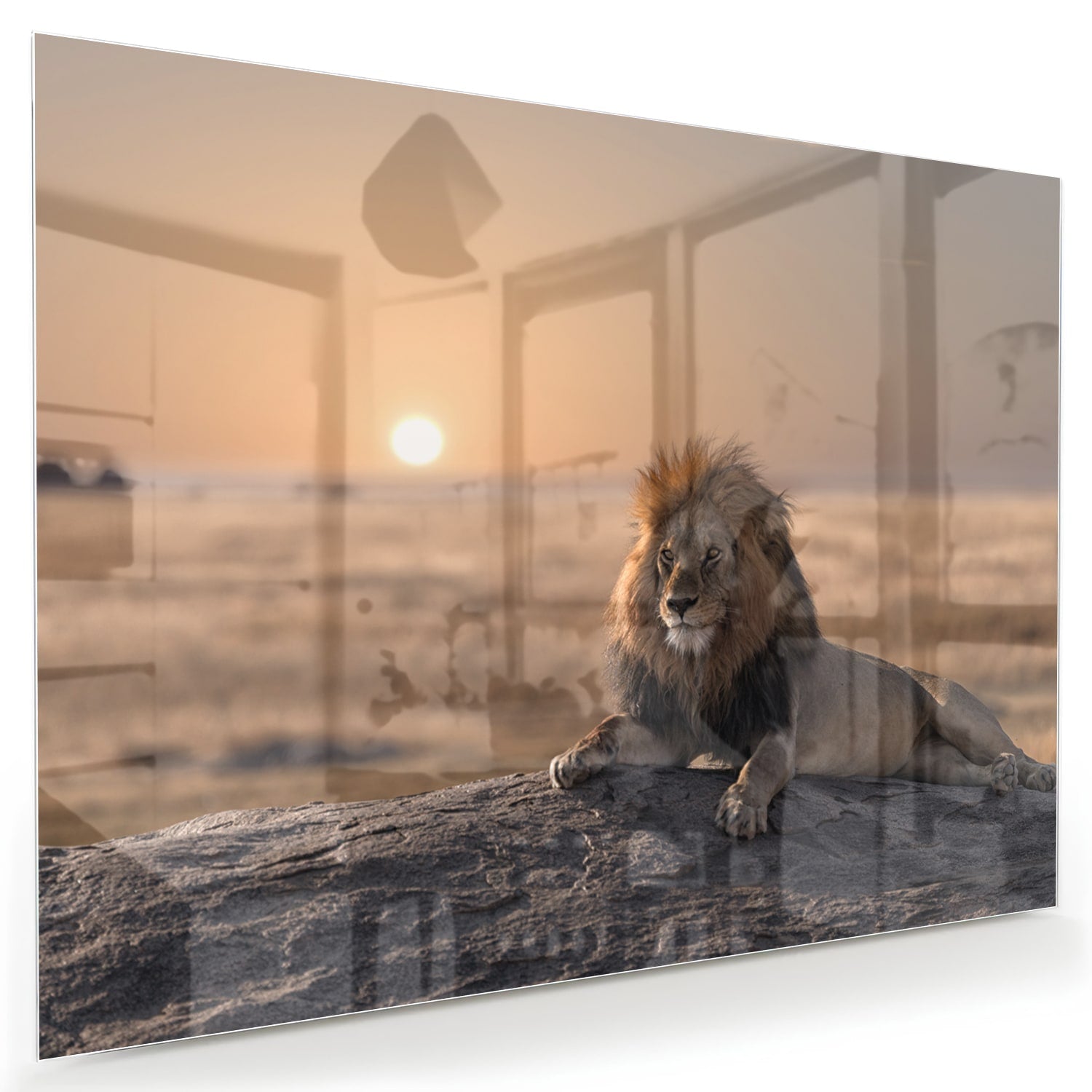 Glazen schilderij van een leeuw die op een rots ligt met zonsondergang op de achtergrond.