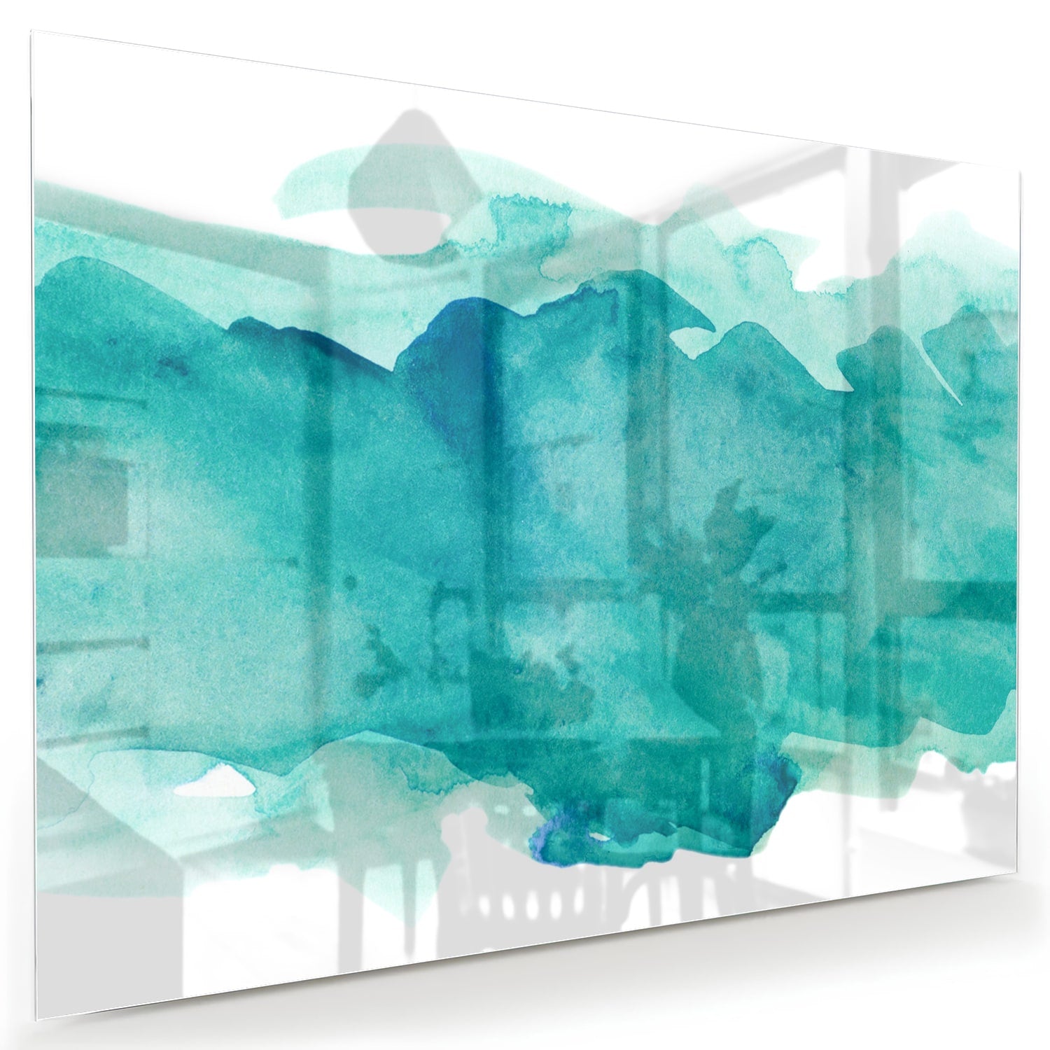 Abstract glazen schilderij met turquoise tinten, perfect voor moderne interieurs.