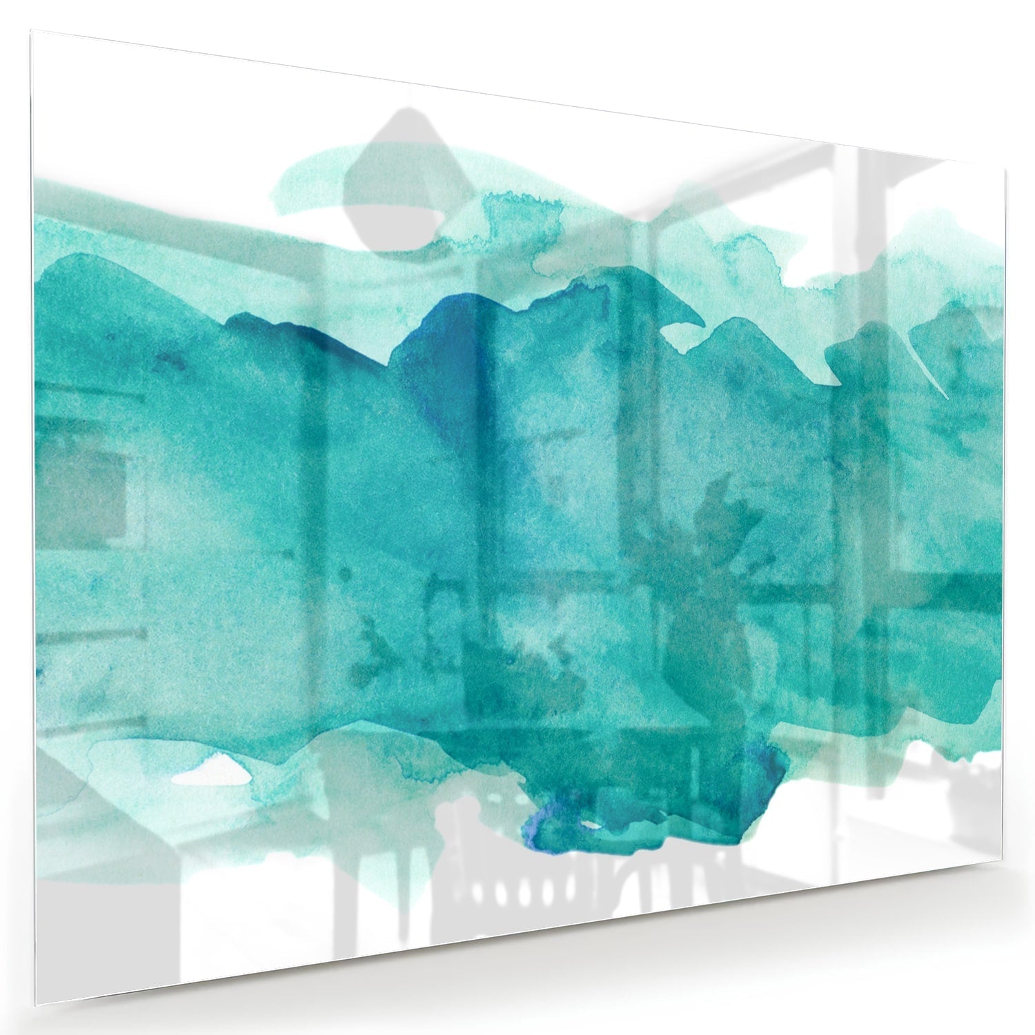 Abstract glazen schilderij met turquoise tinten, perfect voor moderne interieurs.