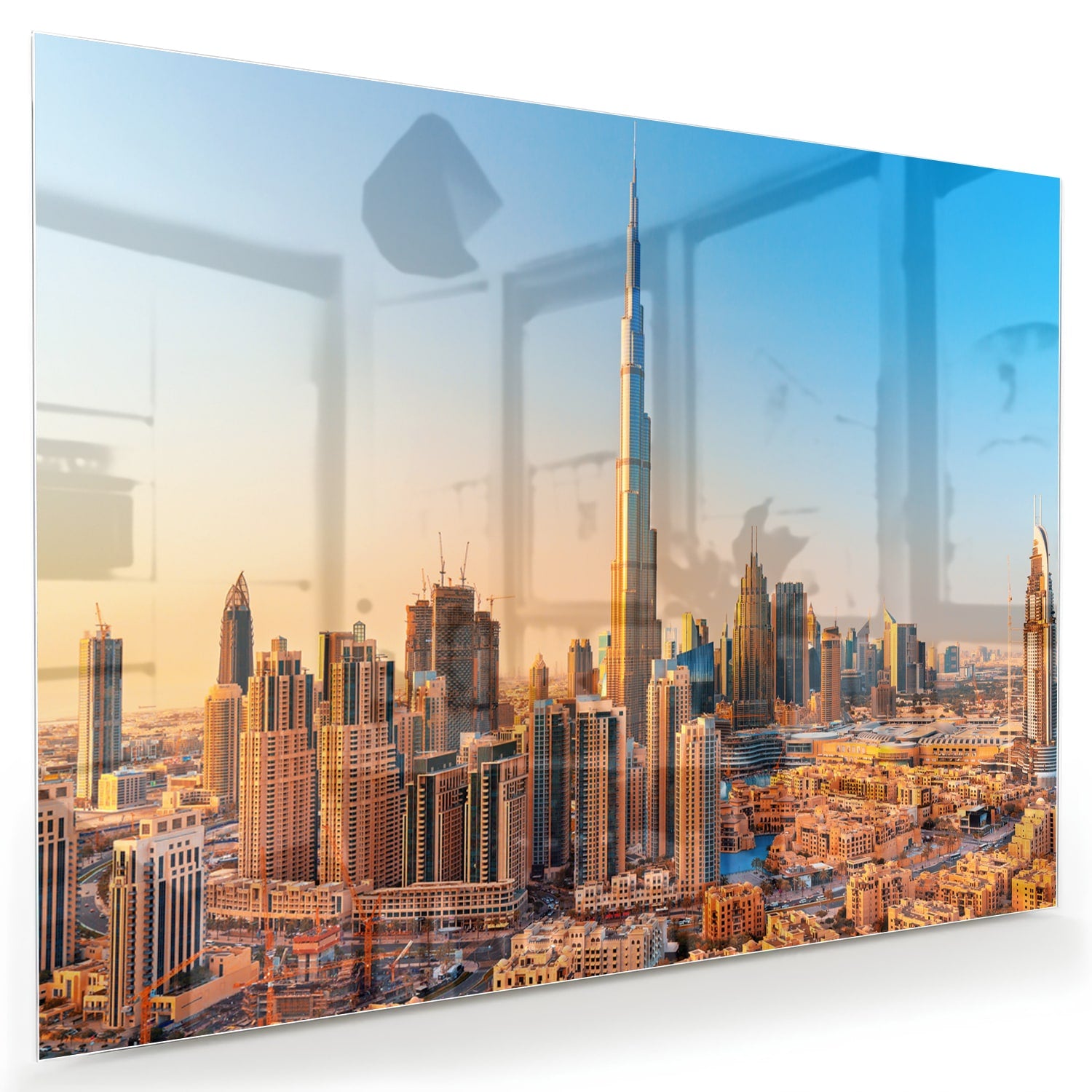 Glazen schilderij van de skyline van Dubai met Burj Khalifa tijdens zonsondergang