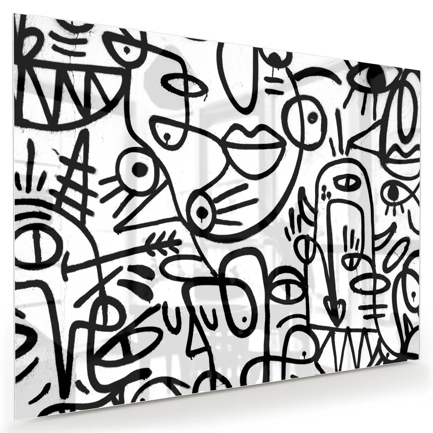 Abstract glazen schilderij in zwart-wit met vormen en lijnen