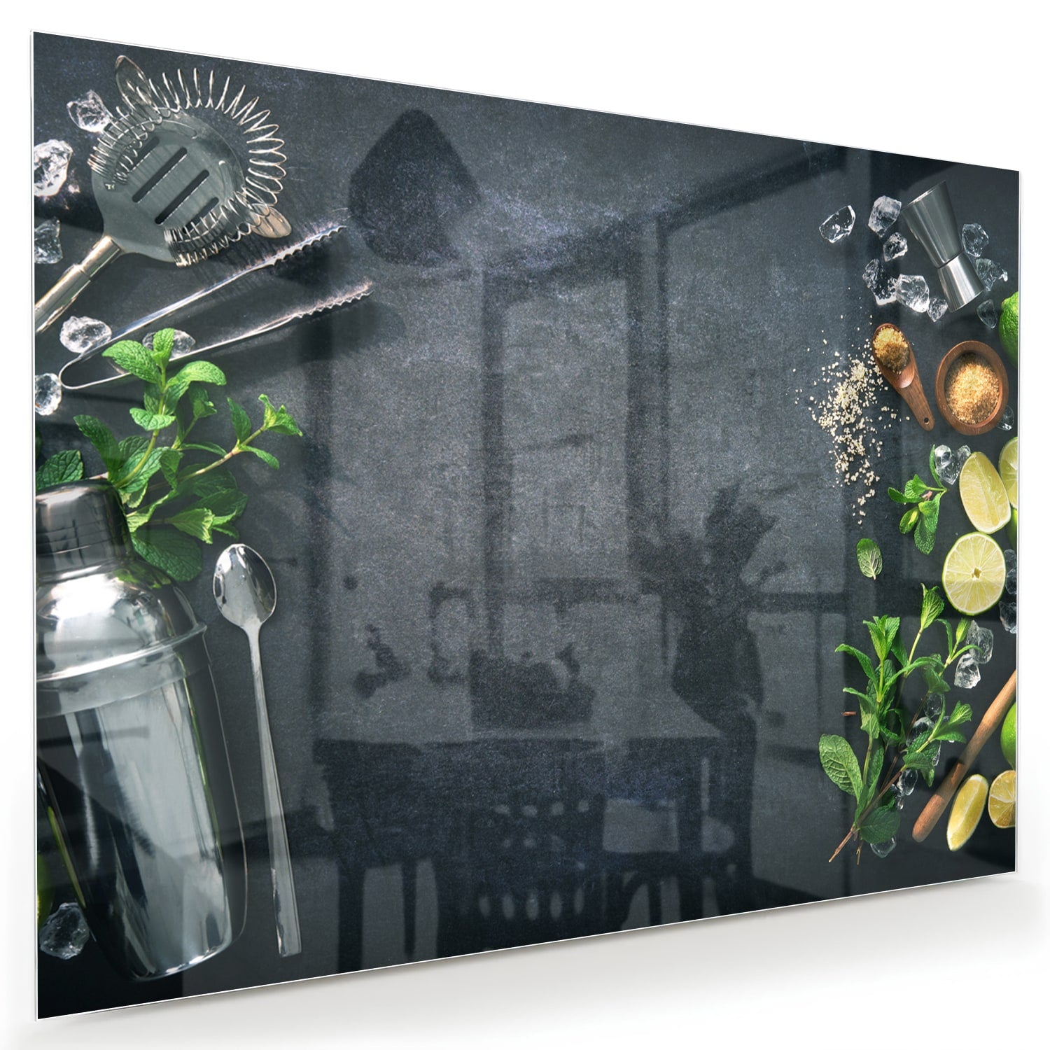 Glazen schilderij met kruiden en citroenen op een moderne muur.