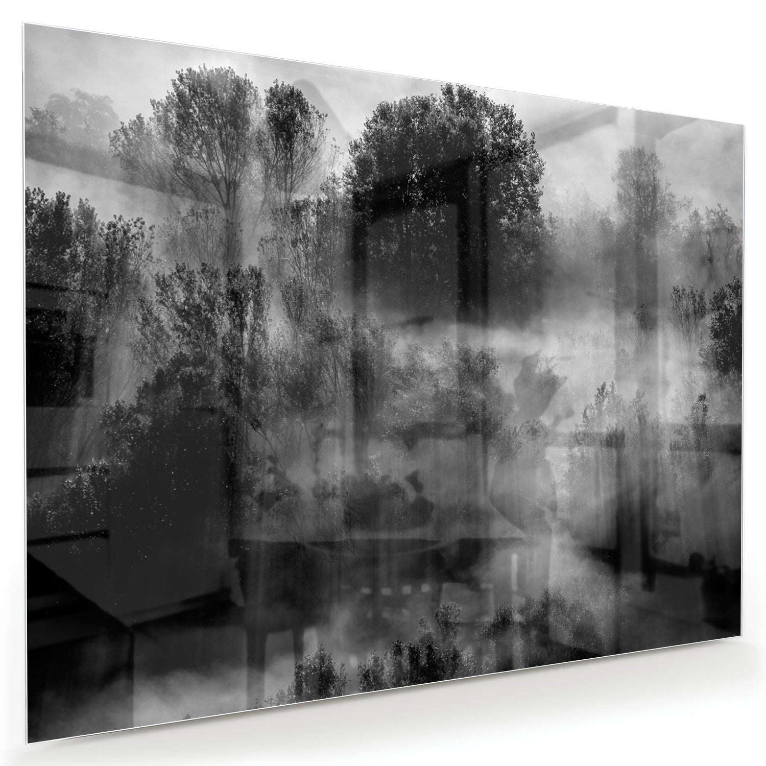 Glazen schilderij met een abstract zwart-wit landschap van bomen in de mist.
