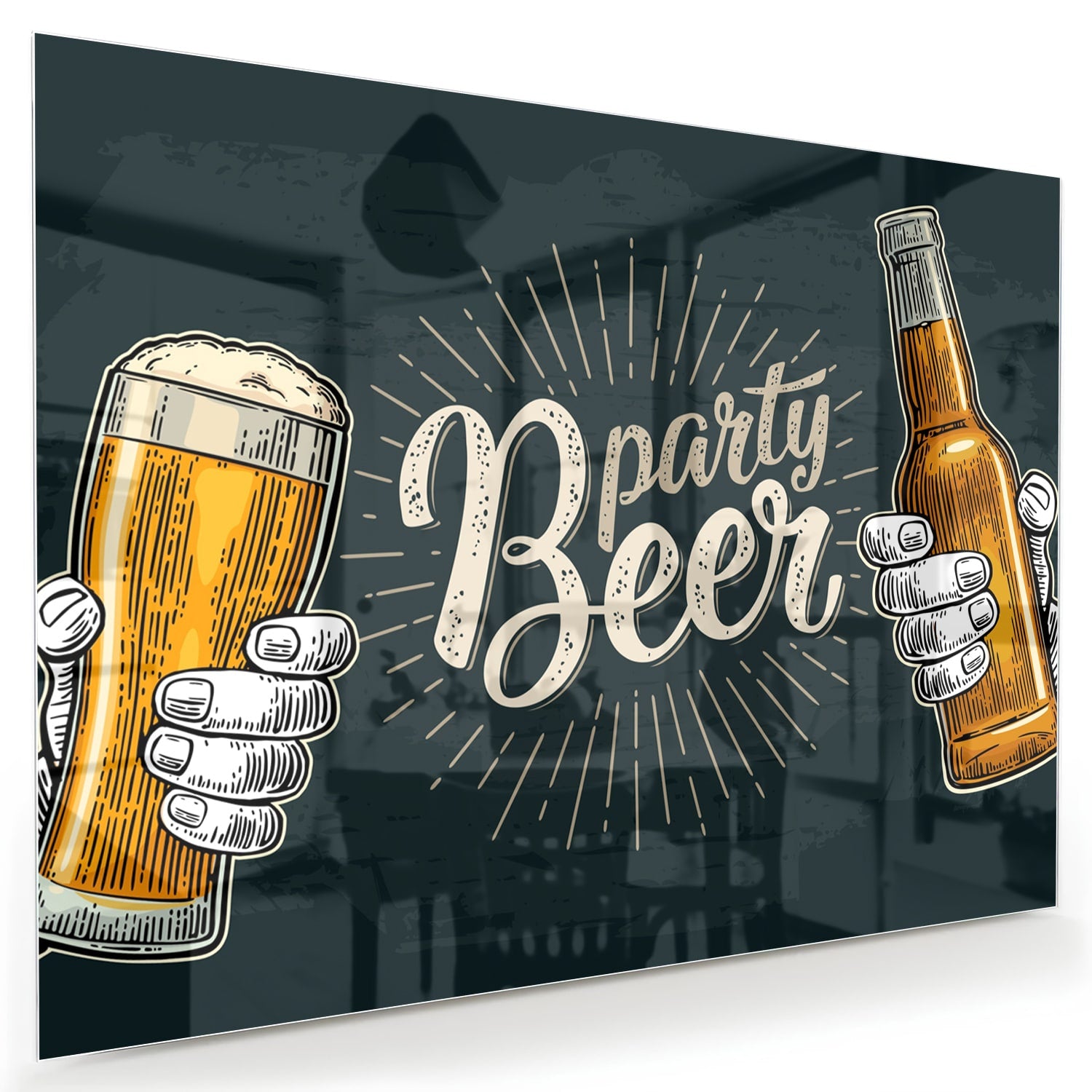 Feestelijk glazen schilderij met twee handen die bier vasthouden.