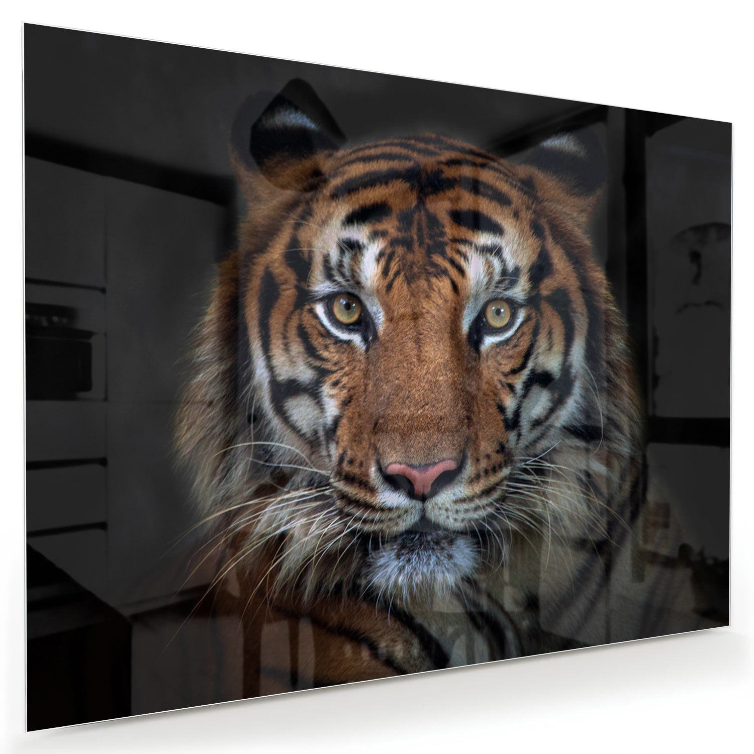 Glazen schilderij van een tijger, mooi weergegeven in een moderne woonkamer.