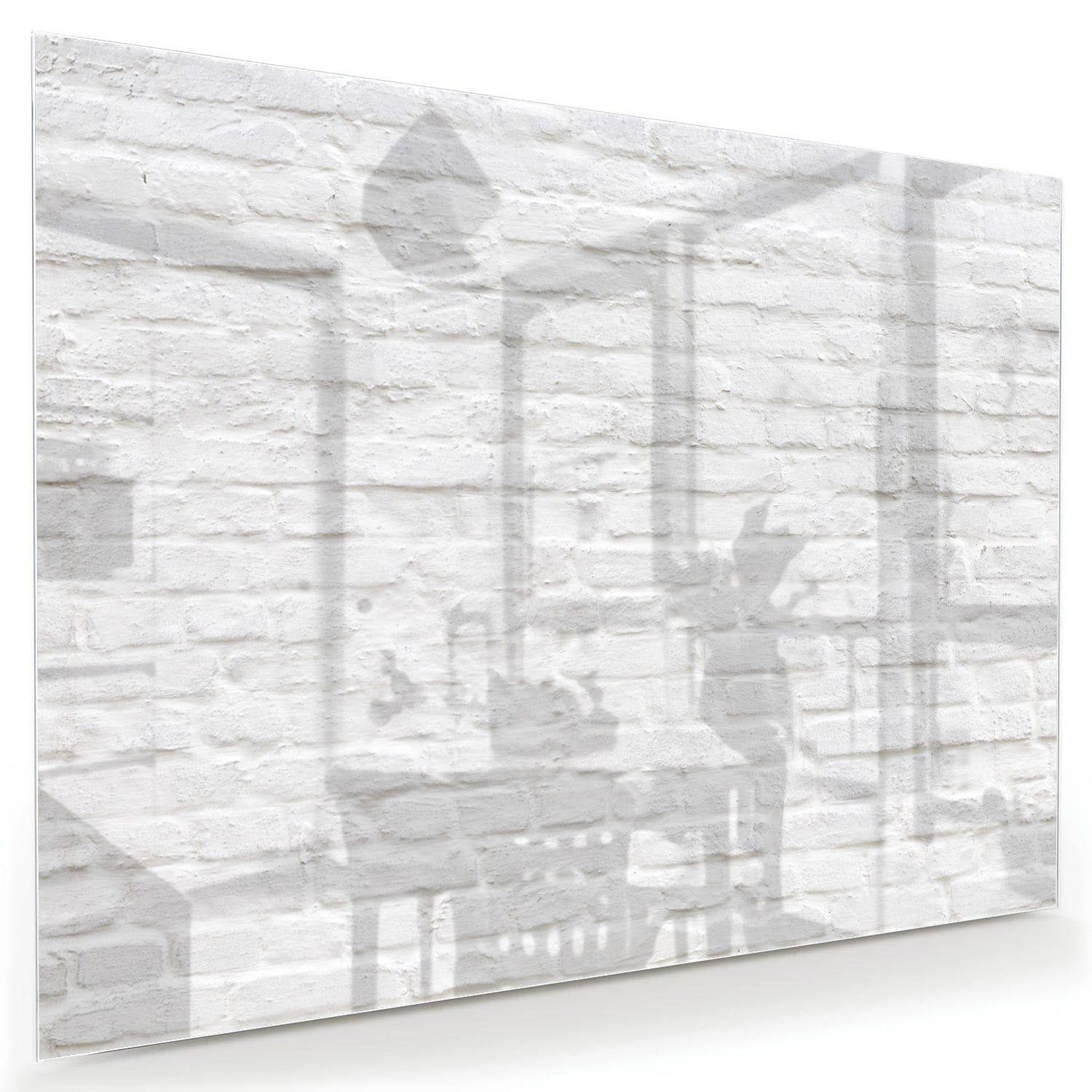 Glazen schilderij met witte bakstenen textuur aan de muur in moderne woonkamer.