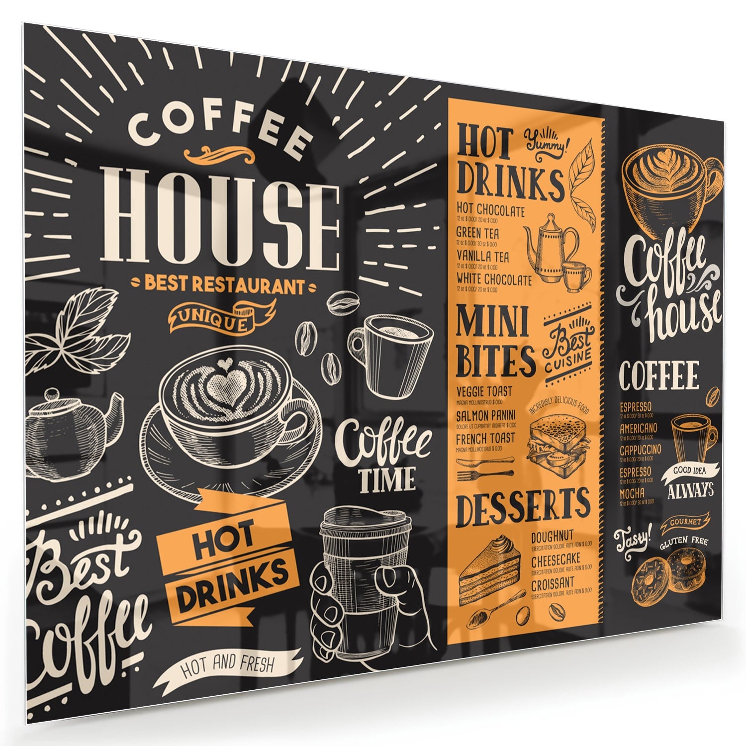 Glazen schilderij van een koffiehuis met tekst in zwart en oranje