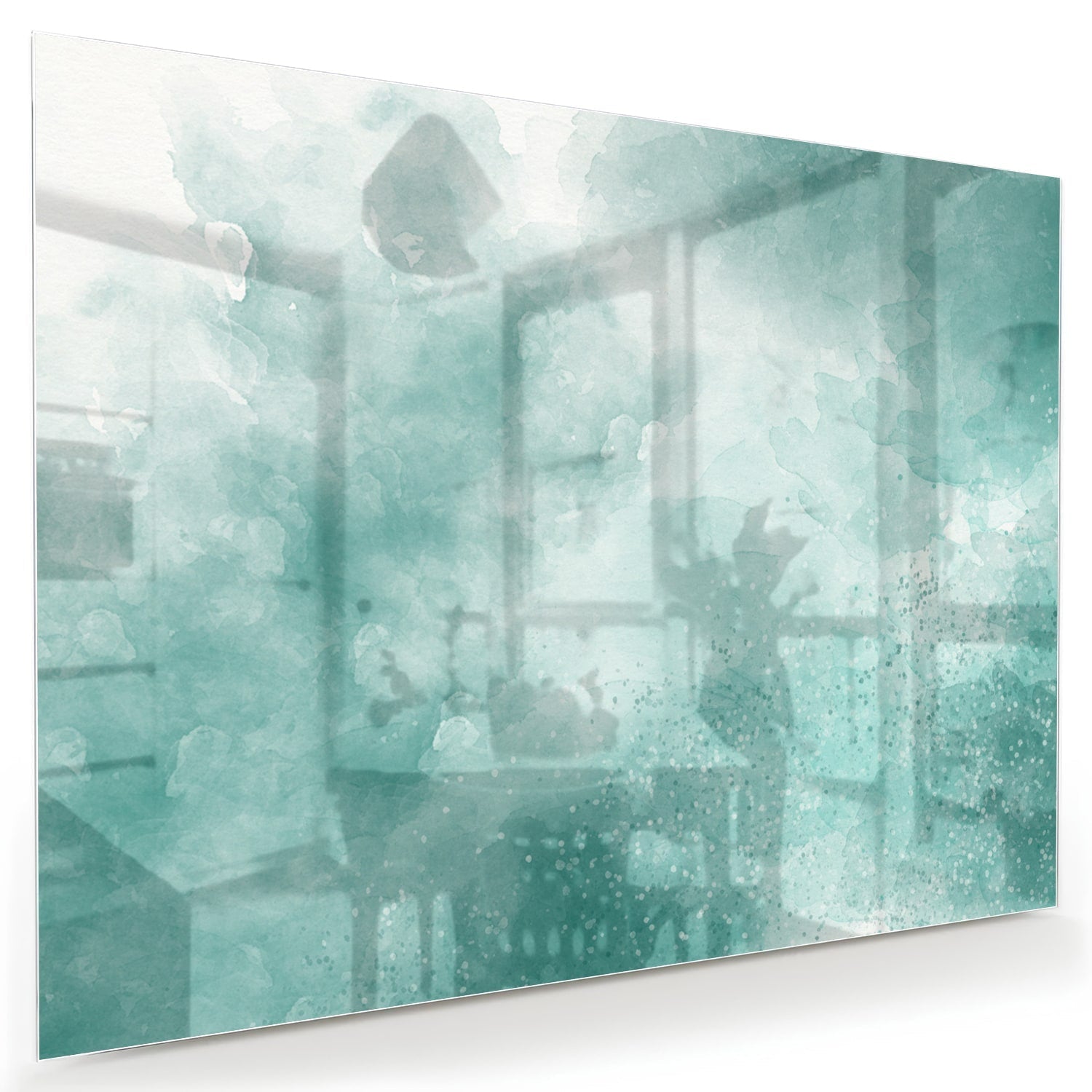 Abstract glazen schilderij in aquablauw kleur, past mooi in een modern interieur.