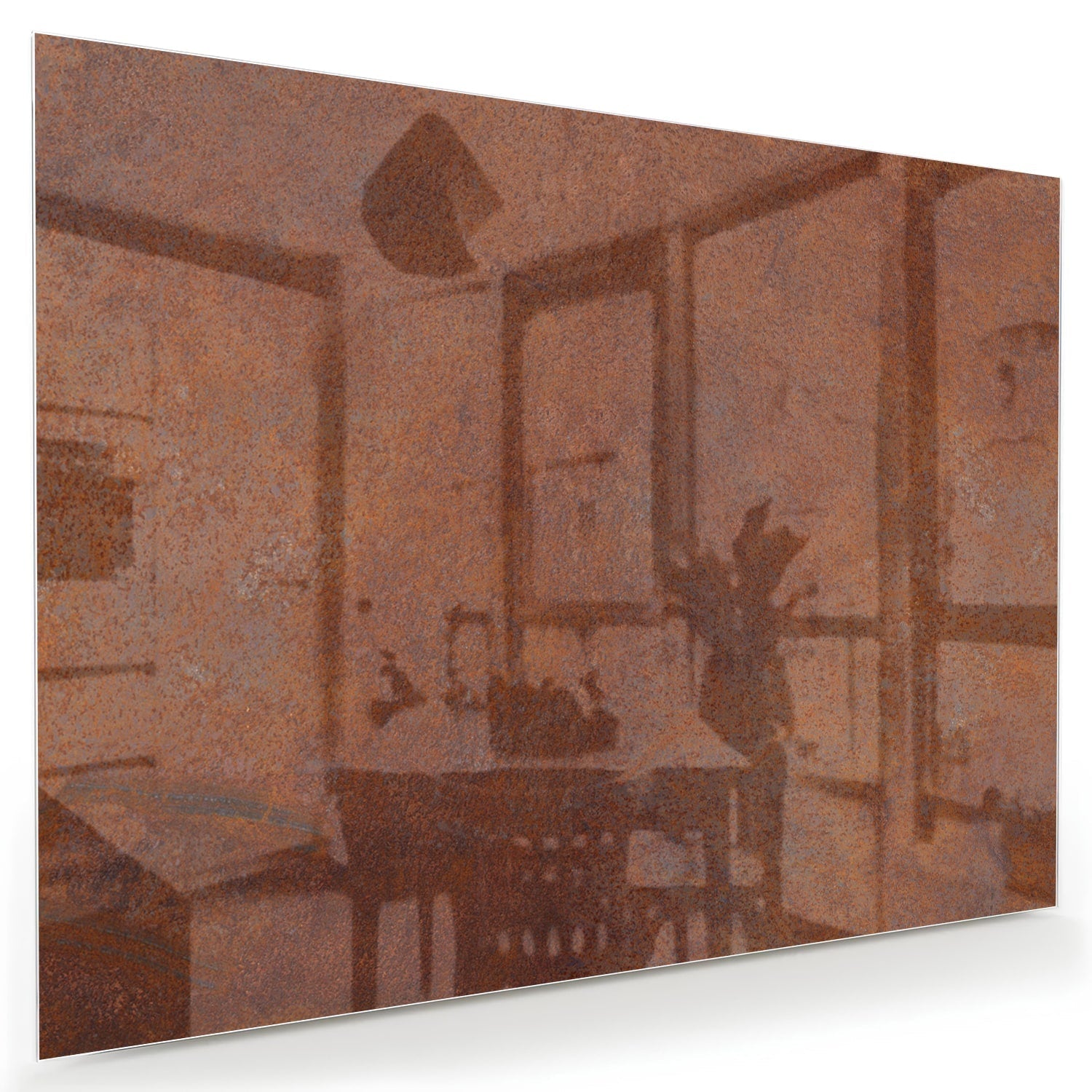 Abstract glazen schilderij met aardetinten boven een houten meubel.