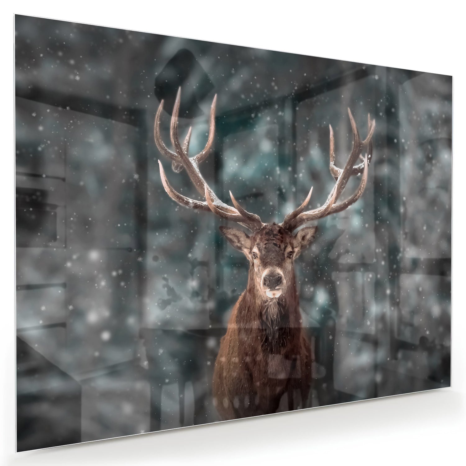Glazen schilderij van een hert in een winterse setting