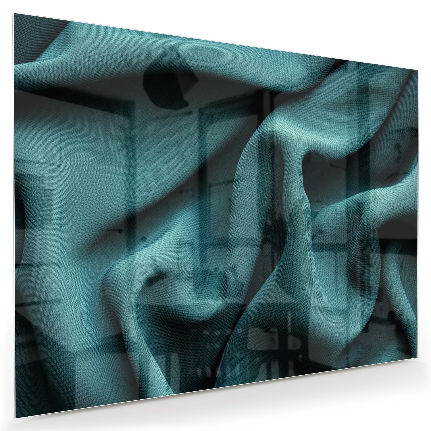 Elegante blauwgroene glazen schilderij in een moderne woonomgeving.