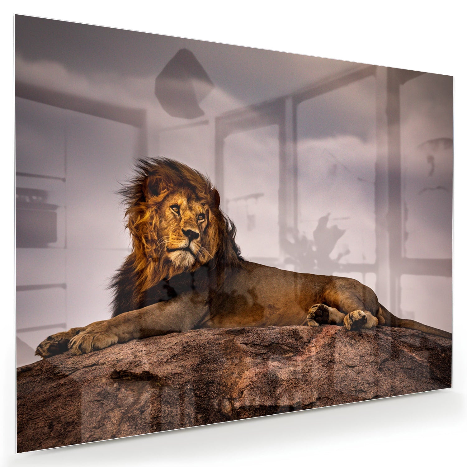 Glazenschilderij van een majestueuze leeuw op een rots, perfect voor interieurdecoratie.
