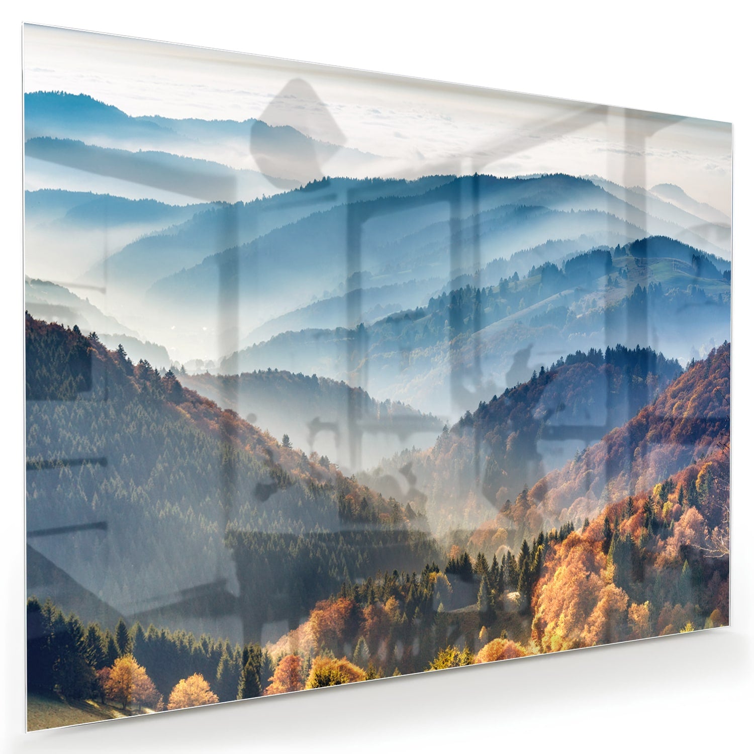 Glazen schilderij met een adembenemend berglandschap in warme herfstkleuren