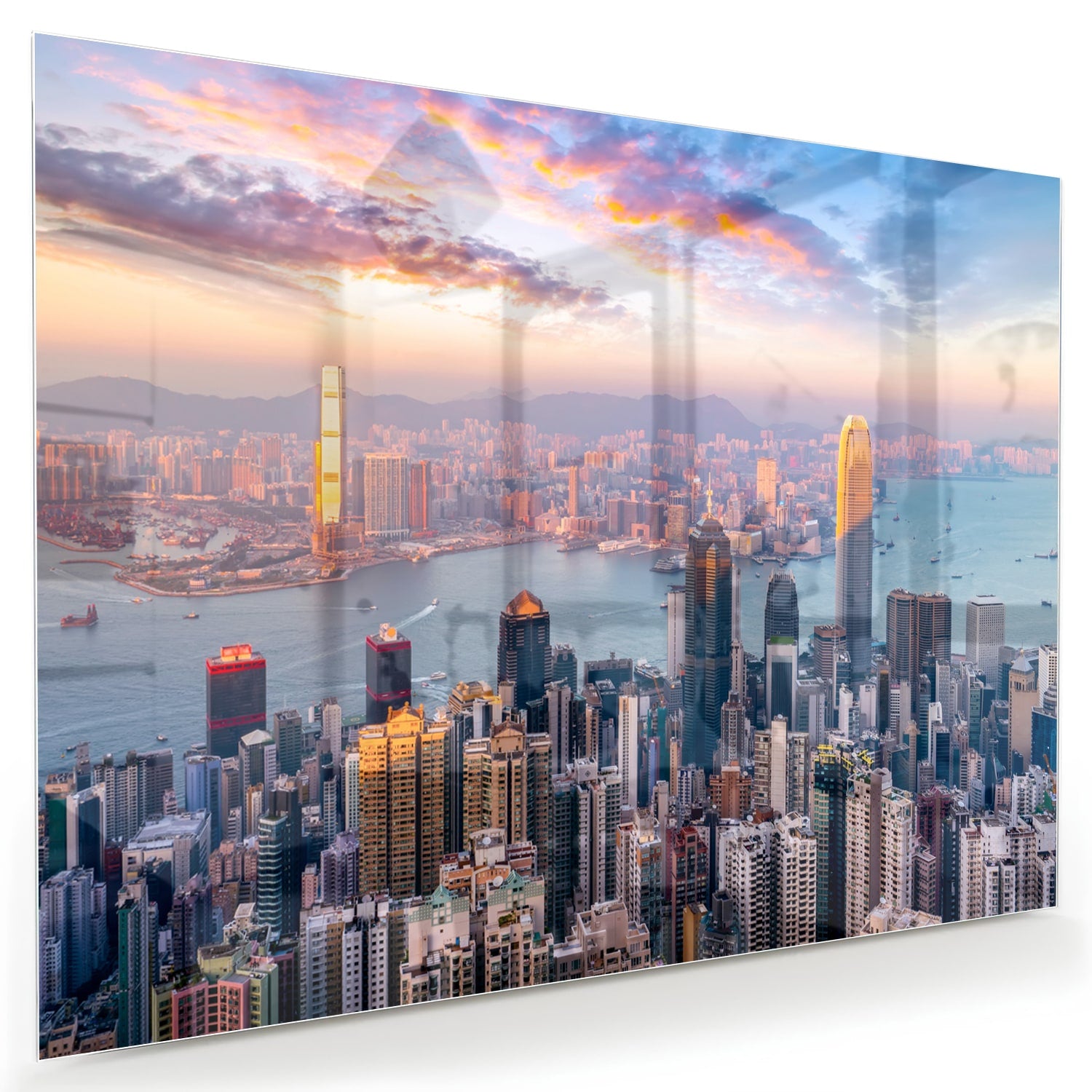 Glazen schilderij van een stadsgezicht met zonsondergang, perfect voor inrichting